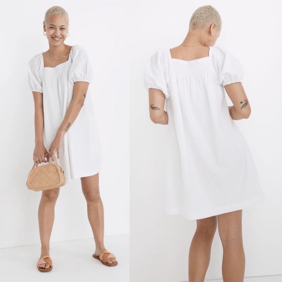 Madewell Dresses & Skirts - Madewell Puff-Sleeve A-Line Mini Dress in Seersucker Stripe Size L